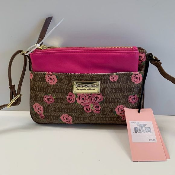 Juicy Couture Pink Bloom in Brown Signature Crossbody w/extra pouch - Picture 1 of 9